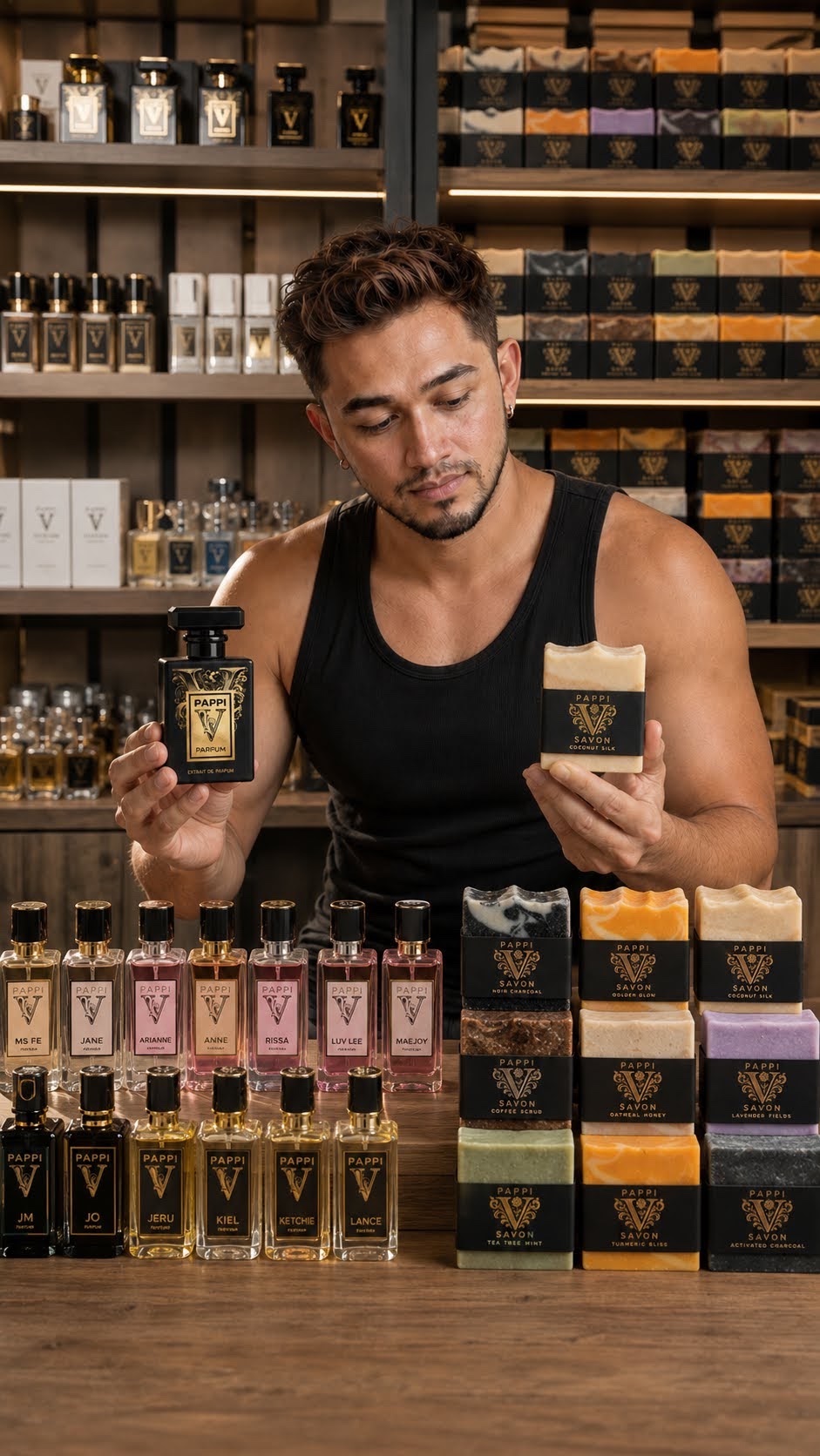 Verge, founder of Pappi Suds and Scents Shop, holding a Pappi fragrance bottle and artisan savon bar