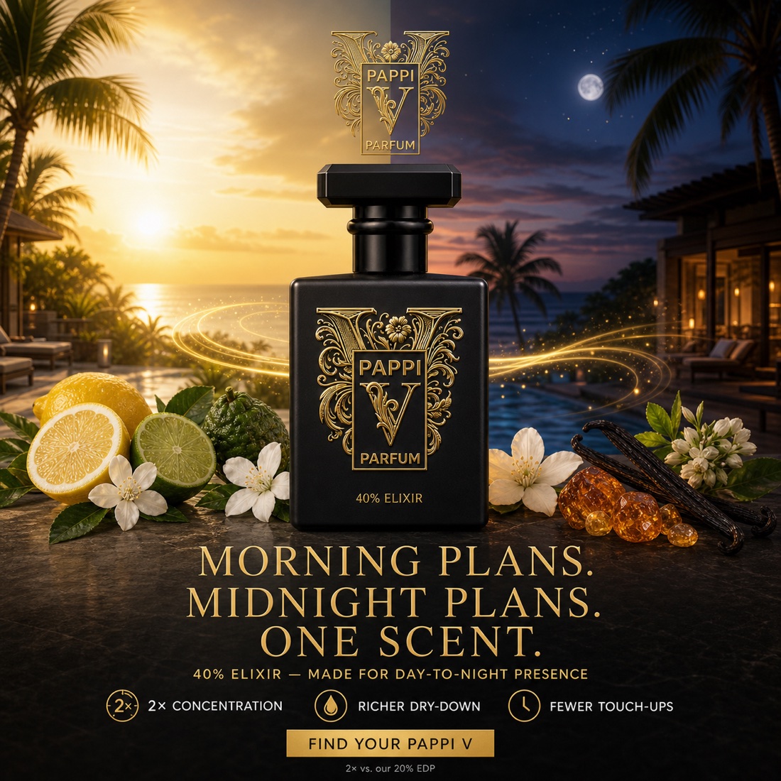 Pappi 40% Elixir day-to-night fragrance campaign
