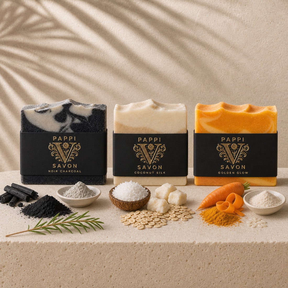 Pappi Savon artisan cleansing bar trio with charcoal, coconut, oatmeal and turmeric ingredients