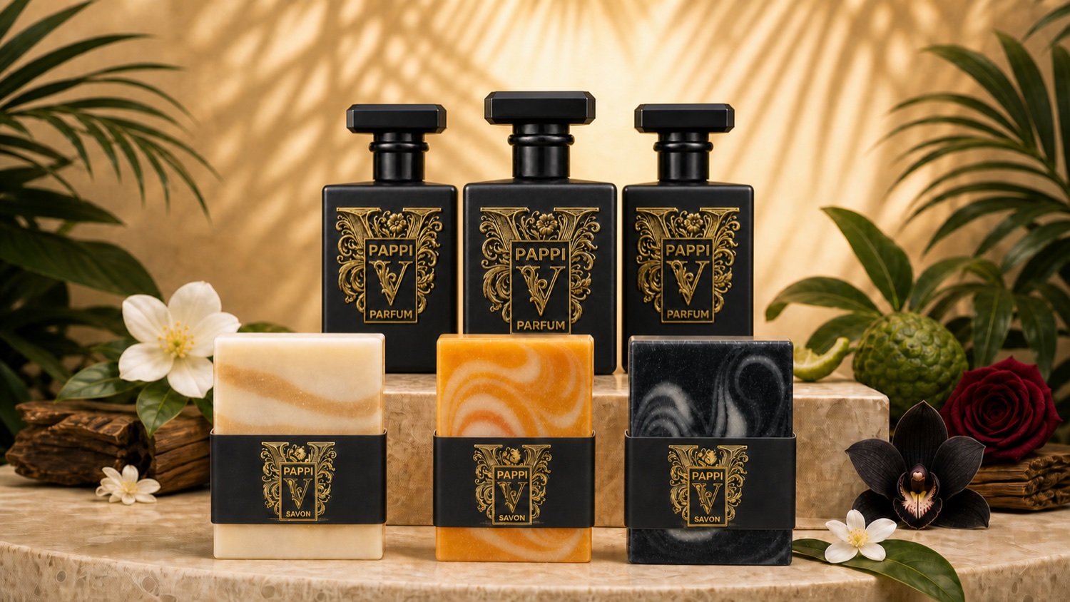 Pappi Parfum bottles displayed with Coconut Silk, Golden Glow and Noir Charcoal artisan soaps
